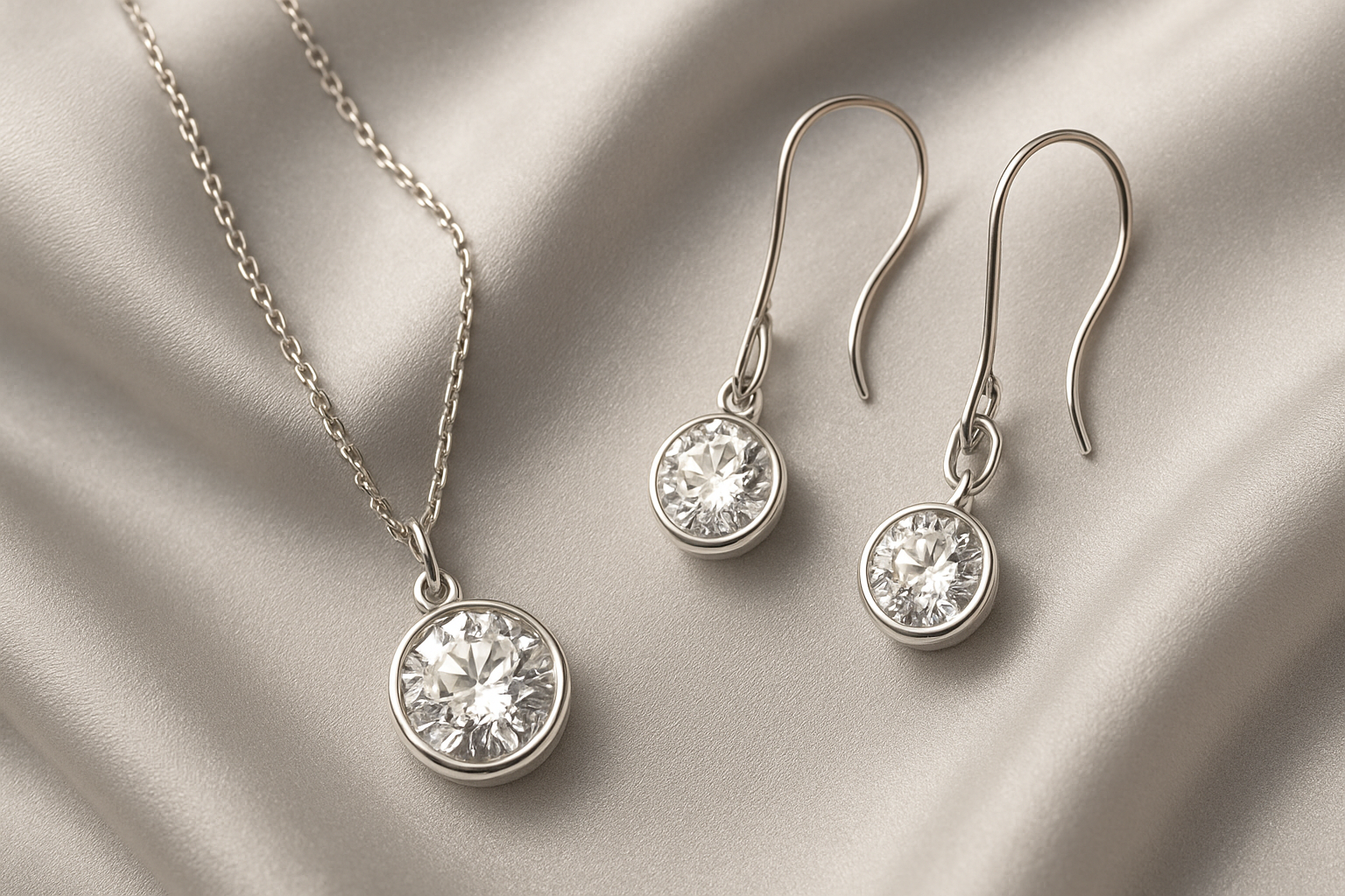 A professional photograph of a sterling silver jewelry set with a shiny necklace and matching earrings displayed on a soft, luxurious background